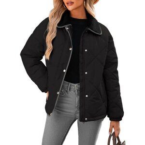 Women's Puffer Jackets Black Coats Long Sleeve Winter Warm Button Down Outerwear